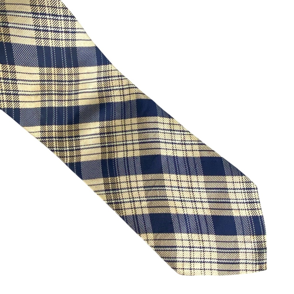 Jos. A. Bank Mens Plaid Silk Tie Navy Blue Tan‎ Checkered Jacquard Formal 59x4